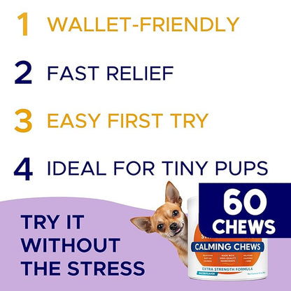 Advanced Calming Chews for Dogs - Hemp Treat + Melatonin + Valerian - Relaxing Bites - Calming Care - Stress Relief - Made in USA - Calm, Sleep Aid, Storms - 60Ct