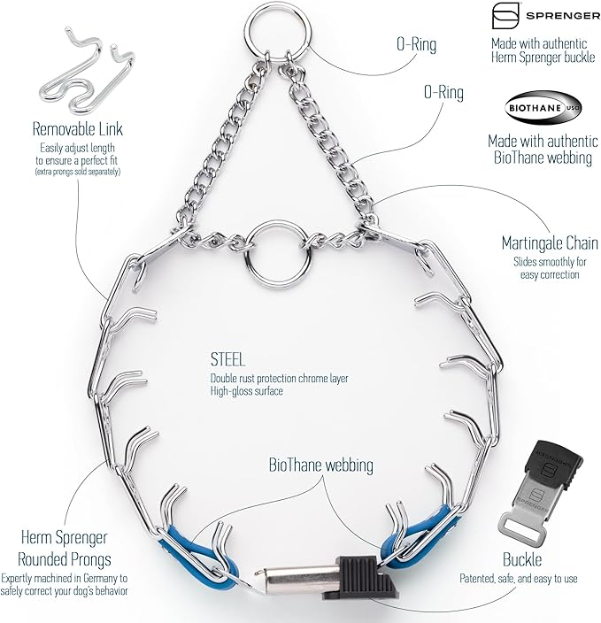 Herm Sprenger Chrome Plated Steel Dog Collar with Quick Release ClicLock Buckle O-Ring Biothane Insert Training Collar Made in Germany (Cerulean Blue, 16in x 2.25mm(Neck Size up to 13-14in))
