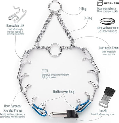 Herm Sprenger Chrome Plated Steel Dog Collar with Quick Release ClicLock Buckle O-Ring Biothane Insert Training Collar Made in Germany (Cerulean Blue, 16in x 2.25mm(Neck Size up to 13-14in))