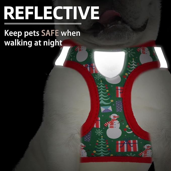 PUPTECK Adjustable Dog Harness Collar and Leash Set Step in No Pull Pet Harness for Small Medium Dogs Puppy and Cats Outdoor Walking Running, Soft Mesh Padded Reflective Vest Harnesses, Christmas, XS