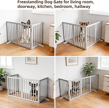 ZJSF Freestanding Indoor Dog Gate for House Foldable Wood Puppy Gate for Doorways Pet Gate for Stairs Extra Wide Pet Fence, Grey, 32" Height 3 Panels
