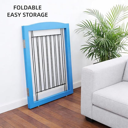 ZJSF Freestanding Dog Fence Indoor, Foldable Dog Gate for Doorways, Stairs or Hallways, Sturdy Wood Extra Wide Pet Gate with Support Feet for The House, Blue, 24 "Height-2 Panels