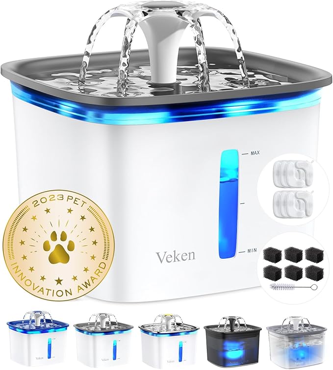 Veken Innovation Award Winner 95oz/2.8L Pet Fountain, Automatic Cat Water Fountain Dog Water Dispenser with 6 Replacement Filters & Silicone Mat for Cats, Dogs (Grey, Plastic)