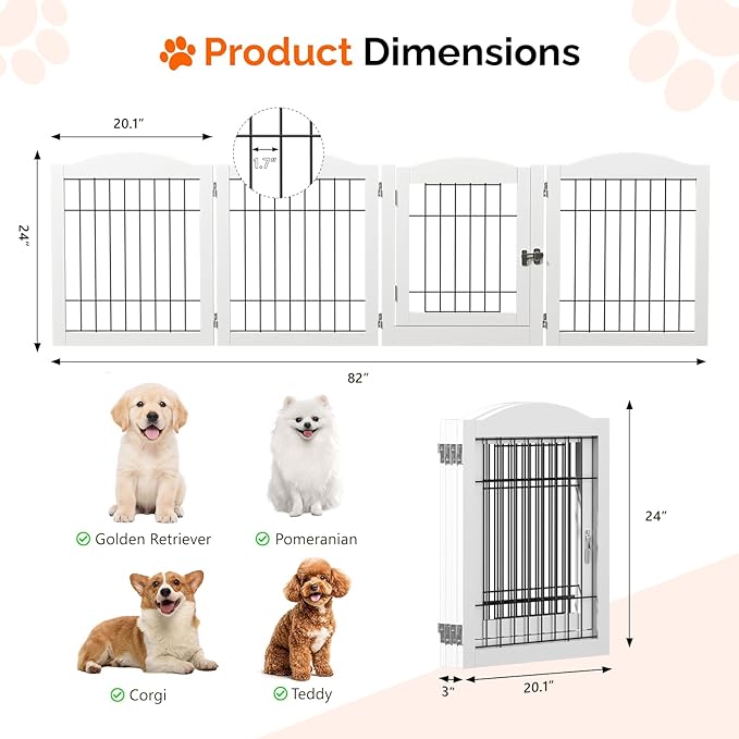 Bonnlo Freestanding Dog Gate, 24" H Pet Gate with 4 Panel Walk Through Door, Foldable Dog Safety Fence for Stairs Doorways Fireplace Up to 146'' Wide (White, 24" H-4 Panels with Door)