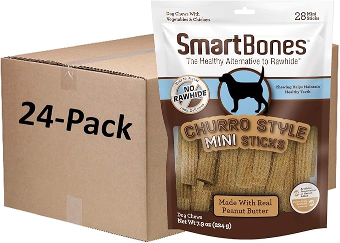 SmartBones Churro-Style Mini Sticks 28 Count, Made with Real Peanut Butter, Rawhide-Free Chews for Dogs