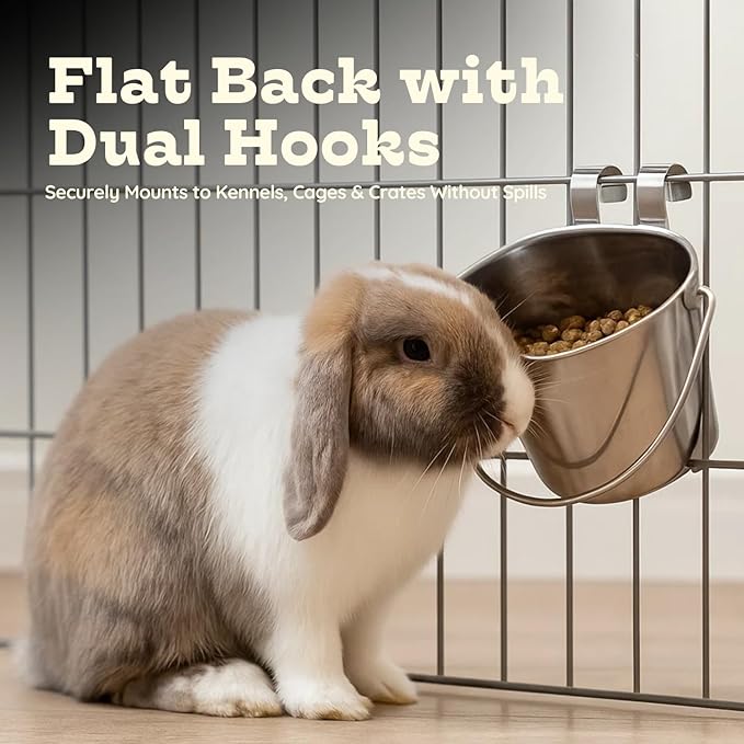 2 quart Stainless Steel Flat Sided Bucket with Dual Hooks | 0.5 gal Durable Food & Water Bowl for Dog Cats Bird & Small Animals | Fits kennel Cage Critter Crate | Hanging Utility Pet Pail