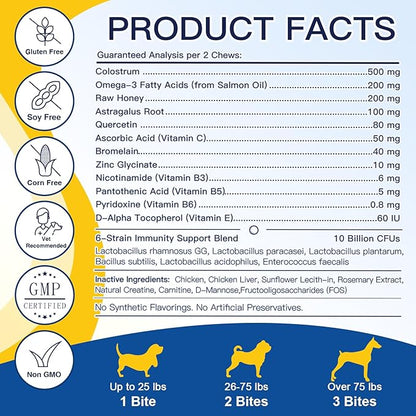 Dog Allergy Relief, Itch Relief for Dogs, Colostrum, Probiotics for Dogs Support Immunity, Omega3, Honey for Dry & Itchy Skin Relief, Seasonal Allergy, Pawlicking, Hot Spot Treatment, 95 Immune Bites
