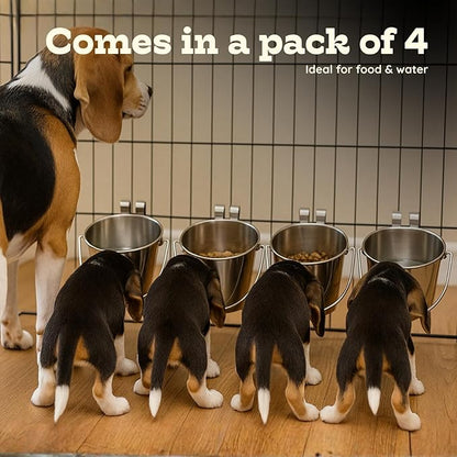 2 Quart Stainless Steel Flat Sided Bucket with Dual Hooks | 4 Pcs Durable Food & Water Bowl for Dog Cats Bird & Small Animals | Fits kennel Cage Crates Hanging Pet Pail | Multipurpose use