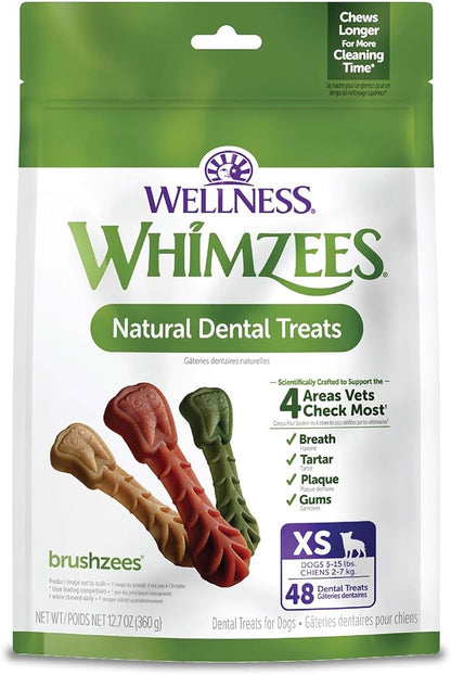 Whimzees Wellness Brushzees Dog Dental Treat, VOHC Accepted Chews, Freshens Breath, Extra-Small Size, 12.7 oz Bag, 48 Count