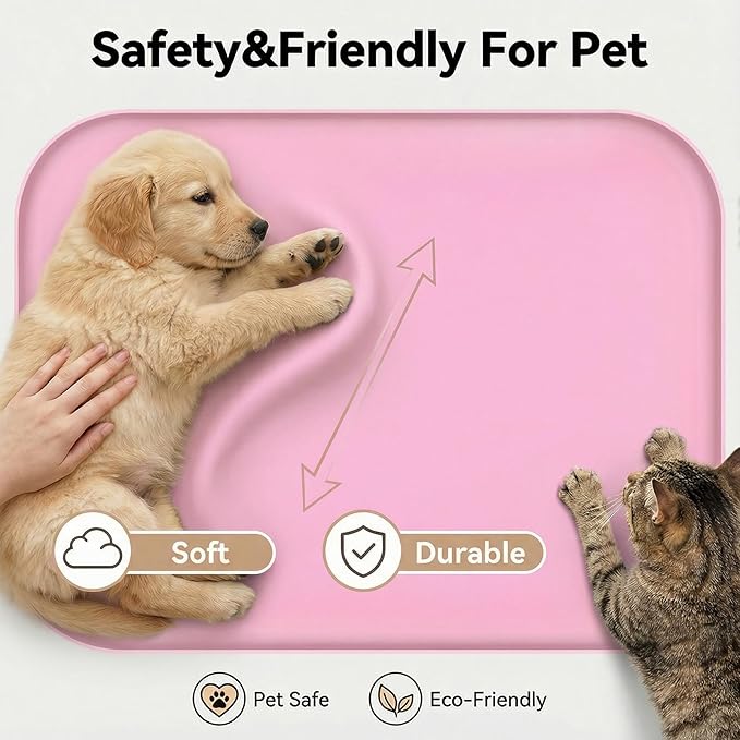 BLESWIN Non-Slip Silicone Dog Food Mat for Food and Water, 18" x 12" Raised Edge Pet Feeding Mat - Waterproof Dog Bowl Mat Easy Clean for Floor Protector,Pink