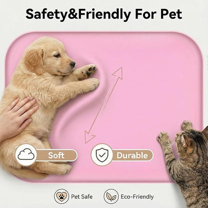 BLESWIN Non-Slip Silicone Dog Food Mat for Food and Water, 18" x 12" Raised Edge Pet Feeding Mat - Waterproof Dog Bowl Mat Easy Clean for Floor Protector,Pink