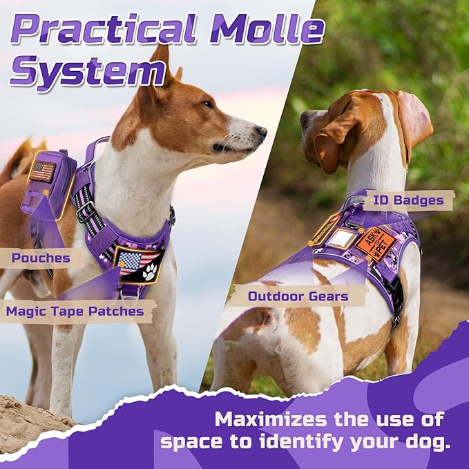 rabbitgoo Tactical Dog Harness for Large Dogs, No Pull Military Service Vest with Handle & Molle, Easy Control for Training Walking, Adjustable Reflective Straps, Purple Camo, XL