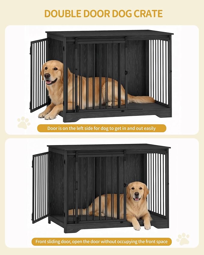 Hzuaneri 43.3" Dog Crate Furniture with Barn Door, Heavy Duty Dog Kennel Indoor with 2 Doors, Wooden Pet Cage End Table for Large Small Medium Dogs, Anti-Chew Anti-Escape, Black DFC92304B