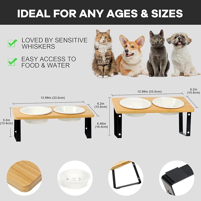 LEAWALK Upgraded Adjustable Height Cat Food Bowls Stand Ceramic Dog Bowls and Slow Feeder Cat Bowl, 15°Tilted Stand Anti Vomiting Raised for Small and Medium Sized Cats Dogs (Creamy White)