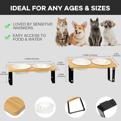 LEAWALK Upgraded Adjustable Height Cat Food Bowls Stand Ceramic Dog Bowls and Slow Feeder Cat Bowl, 15°Tilted Stand Anti Vomiting Raised for Small and Medium Sized Cats Dogs (Creamy White)