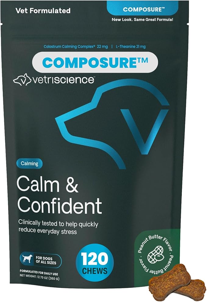 VetriScience Clinically Tested Composure Calm & Confident Chews - Supplement for Dogs with Anxiety, Stress & Fear with L-Theanine for Thunderstorms, Fireworks or Travel, Peanut Butter, 120 Count