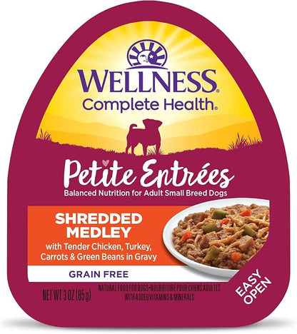 Wellness Petite Entrees Shredded Medley Small Breed Adult Wet Dog Food, Grain Free, Natural, Tender Chicken, Turkey, Carrots, and Green Beans, 3 oz, Pack of 12 Cups