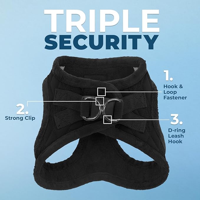 Best Pet Supplies - All Weather Plush, Reflective, No Pull Harness for Small, Medium Dogs, Cats - Secure with Hook & Loop Fastener, Buckle, Double D-Rings - Black Plush, L