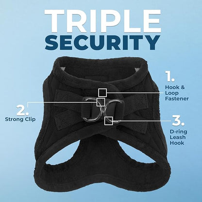 Best Pet Supplies - All Weather Plush, Reflective, No Pull Harness for Small, Medium Dogs, Cats - Secure with Hook & Loop Fastener, Buckle, Double D-Rings - Black Plush, L