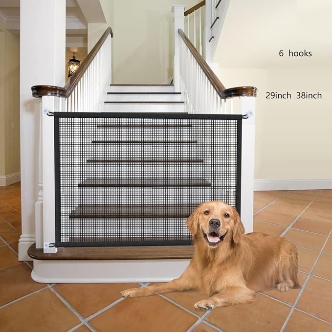 Dog Gate for Stairs Pet Gates for The House: Dogs Screen Mesh Gate for Doorways Stairways Indoor Safety 29 inches Tall, 38 inch Wide .6 Hooks !