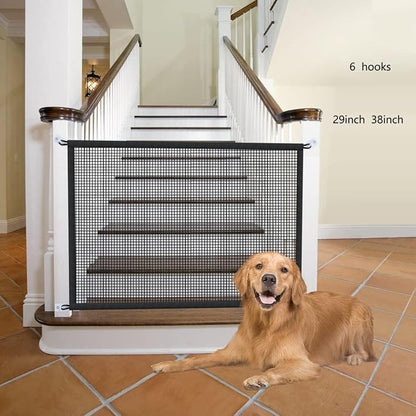 Dog Gate for Stairs Pet Gates for The House: Dogs Screen Mesh Gate for Doorways Stairways Indoor Safety 29 inches Tall, 38 inch Wide .6 Hooks !
