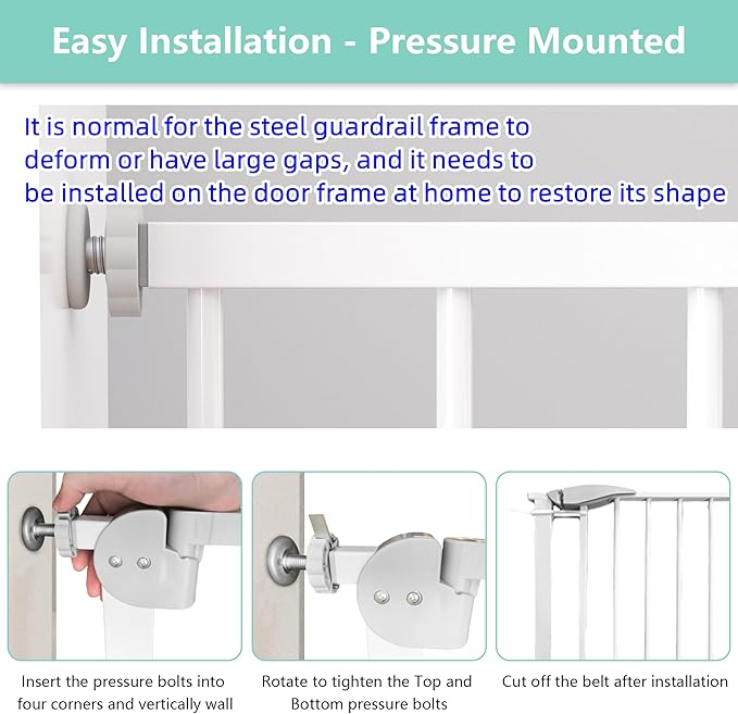 29.5-44.1" Wide Safety Pet Gate, Indoor Dog Gate for Stairs No Jumping Over, No Drilling Pressure Mount Kit, Auto Close Cat Gate Suitable for Stairs, Doorways, White