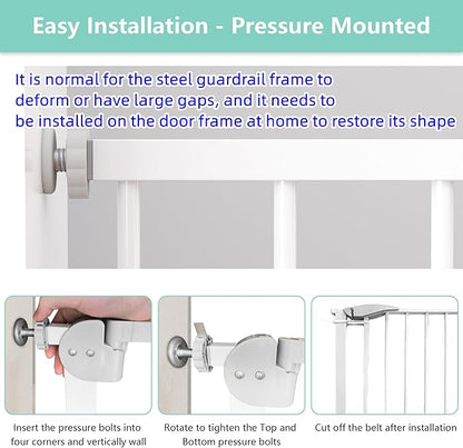 29.5-44.1" Wide Safety Pet Gate, Indoor Dog Gate for Stairs No Jumping Over, No Drilling Pressure Mount Kit, Auto Close Cat Gate Suitable for Stairs, Doorways, White