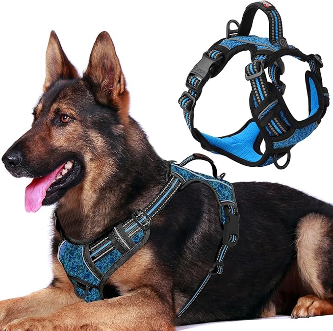 BARKBAY Dog Harness No Pull with ID Tag Pocket - Heavy Duty, Reflective, Easy Control for Large Dogs(Blue/Black,XL)