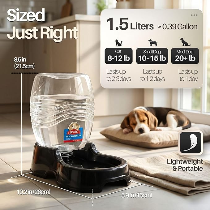Flexzion Automatic Gravity Pet Waterer for Cat & Dog - Non-Skid & Easy-Clean Auto Replenish Water Dispenser Drinking Bowl (3/8 Gallon / 1.5L), Black