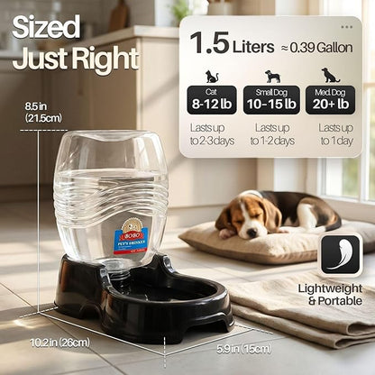 Flexzion Automatic Gravity Pet Waterer for Cat & Dog - Non-Skid & Easy-Clean Auto Replenish Water Dispenser Drinking Bowl (3/8 Gallon / 1.5L), Black