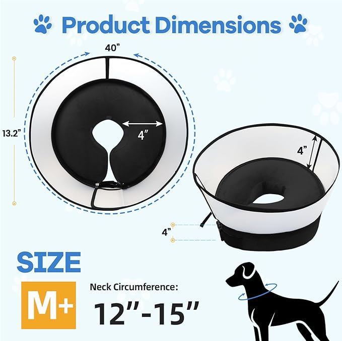2-in-1 Upgraded Inflatable Dog Cone Collar with Detachable Anti-Licking Shield, Soft Adjustable Elizabethan Collar for Dogs After Surgery (M+, Black)