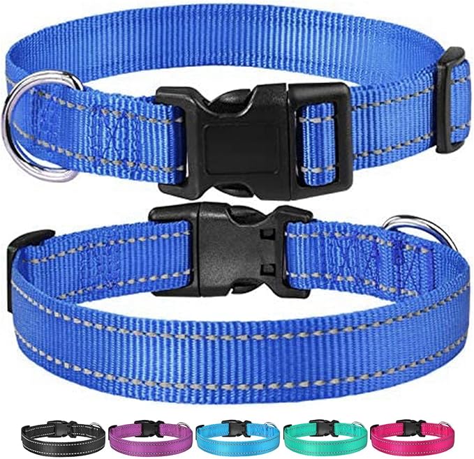 Reflective Dog Collar with Buckle Adjustable Safety Nylon Collars for Small Medium Large Dogs, Navy Blue XS