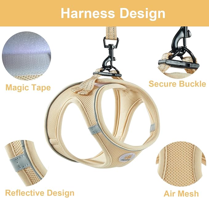 Hipubby Dog Harness and Leash Set, No Pull Soft Mesh Puppy Harness for Small Medium Dogs, Cats - Step in Reflective Breathable Lightweight Vest Harness for Walking, Training - Khaki, XS