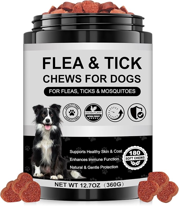 Dog Flea and Tick Chewable Supplement – Natural Support for Skin & Coat Health, Seasonal Comfort & Itch Relief – 180 Soft Chews with Chicken Flavor for Dogs & Puppies (180pcs)