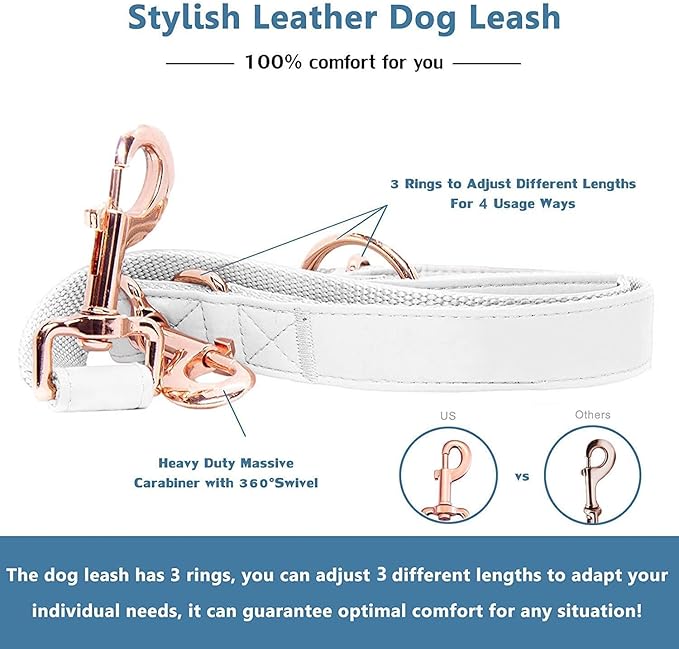 Soft Leather Dog Collar and Leash (6.6') Set - Stylish Rose Gold Heavy Duty Metal Buckle, 4 Adjustable Lengths Leash for Small Medium Large Dogs - Comfortable & Easy to Clean White L(15.4"-24.8")