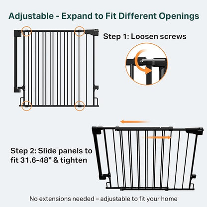 Cumbor 34" Extra Tall No Bottom Bar Baby Gate for Stairs, Wall Mounted Dog Gate Indoor for Larger Pets, Expandable 31.6-48" Safety Gate for Doorways, Wide Walk Thru Door for Easy Access (Black)