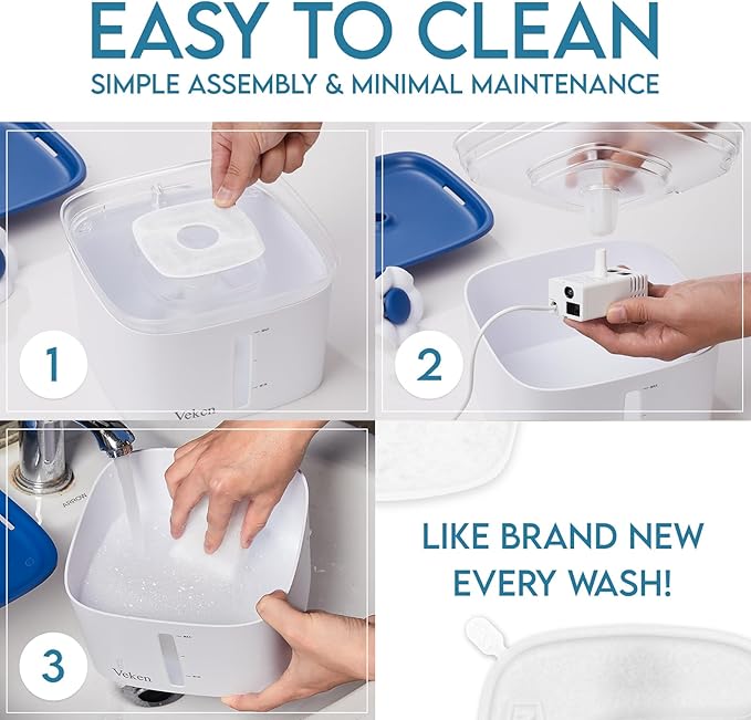 Veken Innovation Award Winner 95oz/2.8L Pet Fountain, Automatic Cat Water Fountain Dog Water Dispenser with 6 Replacement Filters & Silicone Mat for Cats, Dogs (Blue, Plastic)