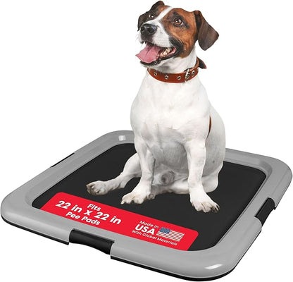 IRIS USA Pee Pad Holder for Dogs and Puppies, Potty Training Tray with Secured Latches, Non-Skid Feet, Leak Protection, Easy Clean Surface, Fits 22"x 22" Puppy Pads Size or Larger, Black/Gray