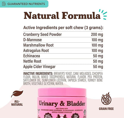 Natural Dog Company Urinary & Bladder Supplement for Dogs – Cranberry & D-Mannose, Marshmallow Root & Astragalus Soft Chews, Supports Urinary Tract Health, Bladder Function & Normal Urine Flow, 90 Ct