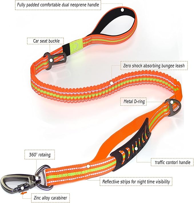No-Pull Shock Absorbing Bungee Leash for Large Dogs, 4-6 FT Heavy Duty Dog Leash with Traffic Handle & Seat Belt Buckle, Reflective, Up to 150 Lbs