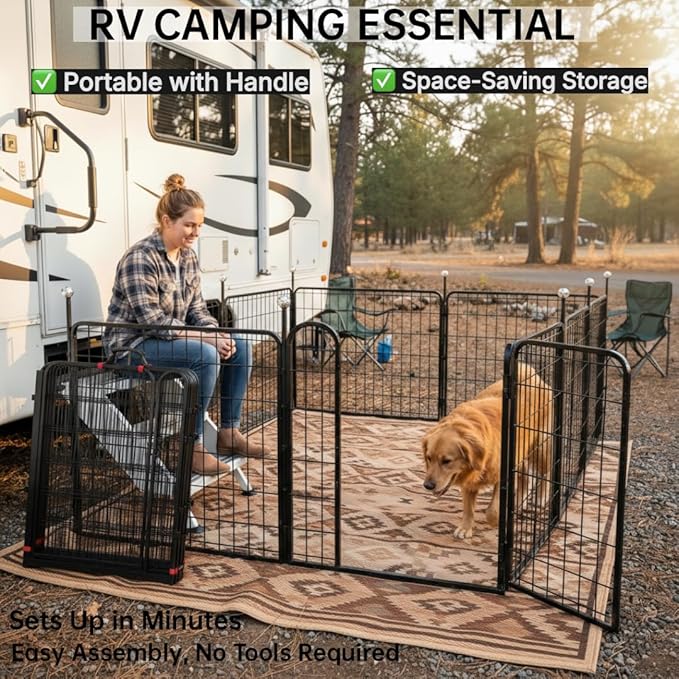 Portable Dog Crates & Playpen, 32'' Metal Pet Pen for Small/Medium Dogs, Easy-Carry Straps, Ideal for Indoor/Outdoor, Camping, RV, Yard (One Door)
