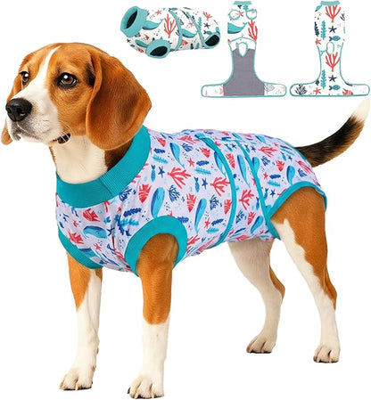 PetWarm Recovery Suit for Dogs After Surgery, Recovery Shirt for Dog Abdominal Wounds Bandages Cone E-Collar Alternative, Pet Surgical Recovery Suit, Underwater World Pattern, Blue, M