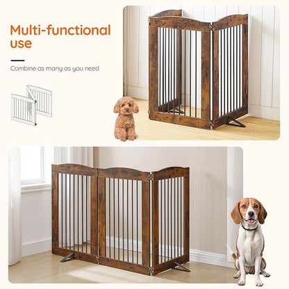 HOOBRO Indoor Dog Gate with Support Feet, Freestanding Pet Gate for Doorway, Stairs, 31.5 Inch 3 Panels, Folding Dog Fence, 360° Hinge for Easy Access, Sturdy Iron Pipe, Rustic Brown BF06PP03