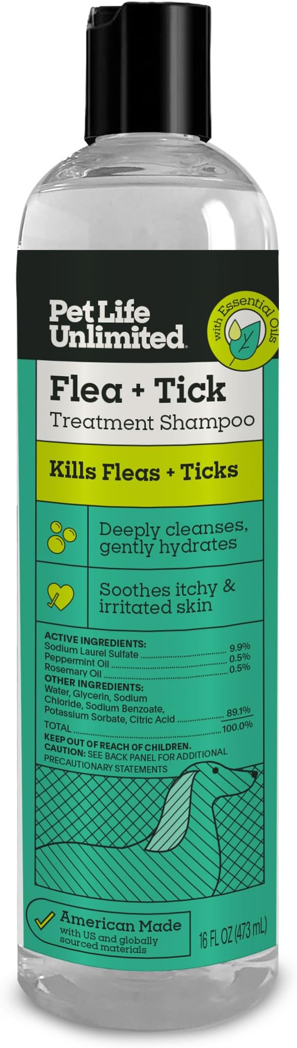 Pet Life Unlimited Natural Flea & Tick Gel Shampoo for Dogs, 16 oz, Plant-Based Prevention & Treatment for Fleas, Ticks & Eggs, Soothes Itchy Skin, Cleans & Conditions Coat