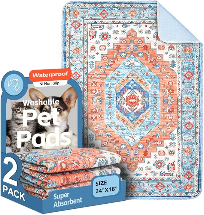 Washable Pee Pads for Dogs 2 Pack Reusable Puppy Training Pads 24"x18" Super Absorbent Waterproof Dog Training Pads, Non-Slip Potty Pads Whelping Pads Litter Mat Pet Supplies - Orange/Mix