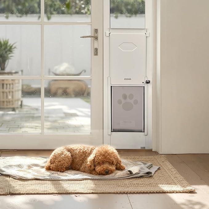 VEVOR Dog Door for Sliding Glass Door, 91 to 96 in Adjustable Height, Aluminum Alloy Frame with Metal Rotating Hinges, Lock Design, 8 1/4 x 12 1/4 in Flap, Sliding Glass Pet Door for Renters
