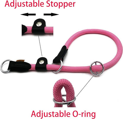 Braided Round Martingale Dog Collar, Training Collar with Slidable Stop Ring and Adjustable Stopper - Ideal for Large Dogs (L(1/2") - 20" Long, Pink)
