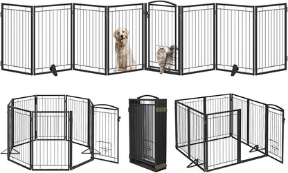 Metal Free Standing Dog Gate with Cat Door for Indoor/Outdoor,160" Extra Wide Foldable Pet Gate,32" Tall Foldable Indoor Dog Fence for Large Openings Stairs,Deck,Yard,Doorways(8 Panels,Black)