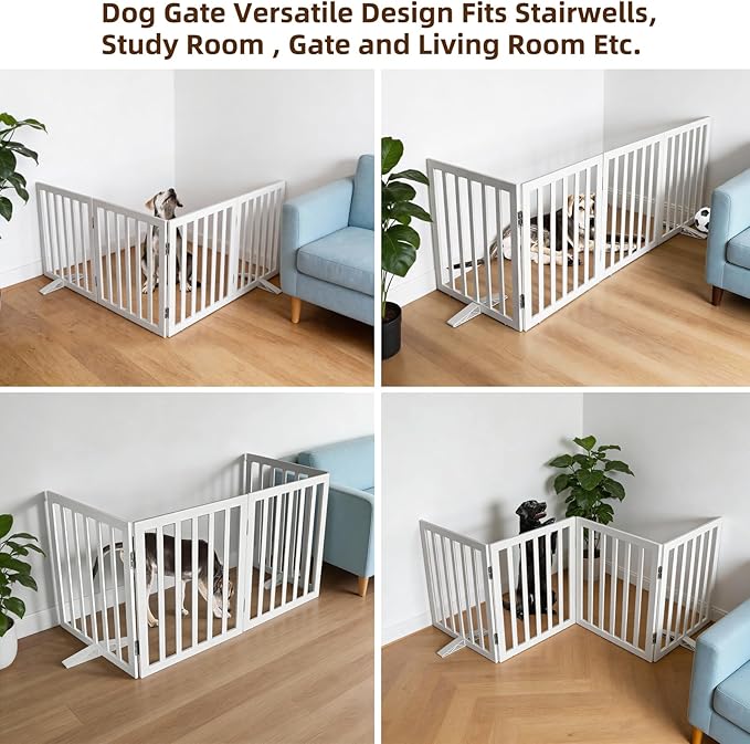 Dog Gate Indoor, Freestanding Dog Fence for The House, Doorways, Hallways,or Stairs,Pet Gate Foldable Wooden,Expandable 24" Height 4 Panels,White