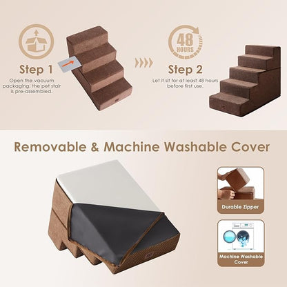 EHEYCIGA Dog Stairs for High Bed 22.5" H, 5-Step Dog Steps for Bed, Pet Steps for Small Dogs and Cats, Non-Slip Balanced Pet Ramp Indoor, Brown